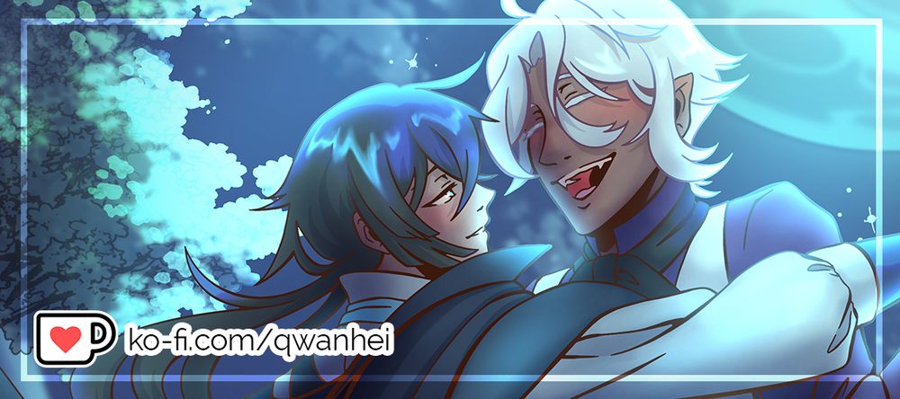 A cropped image of Vanitas and Noé from the manga and anime Vanitas no Carte. The moon is bright blue and glowing on both of them. Vanitas has long black hair and a soft amused smile on his face ; he's looking at Noé, who has dark skin, white hair and a big smile. I looks like they're...dancing ? Find out on my ko-fi :)