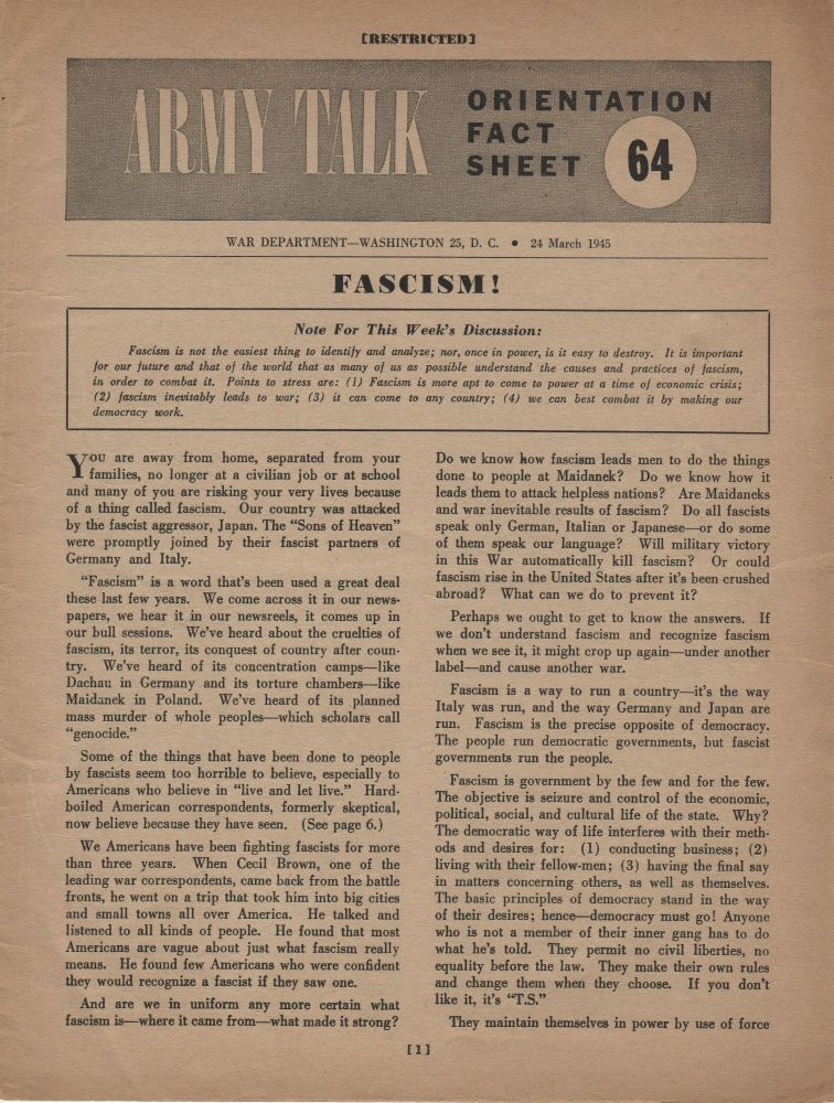 Orientation Fact Sheet 64, 24 March 1945, discussion: Fascism! pg 1
