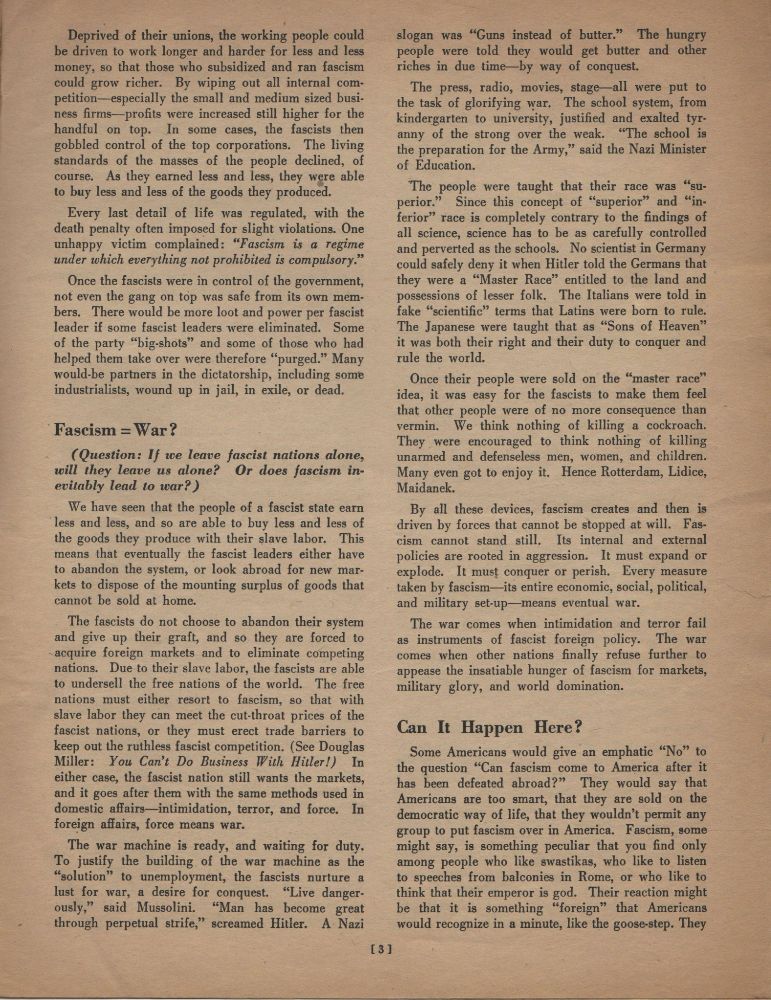 Orientation Fact Sheet 64, 24 March 1945, discussion: Fascism! pg 3 Fascism = War? Can it happen here?