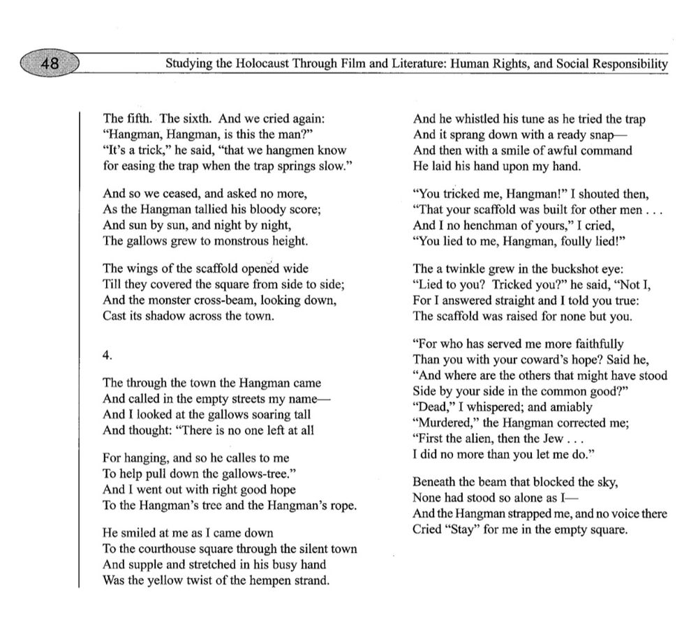 Poem: Hangman by Maurice Ogden found at jewishlearningmatters.com 