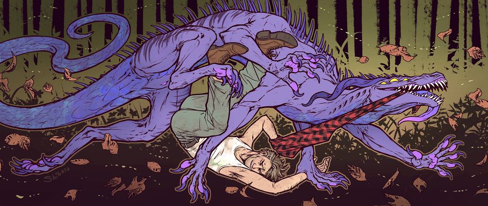 Picture of a man being bowled over by a six legged creature that is stealing his shirt with its teeth against an autumn forest background. The creature is somewhat scary-looking, purple with horns and spines, many teeth and a long scaly tail, but it looks playful and the man is laughing.