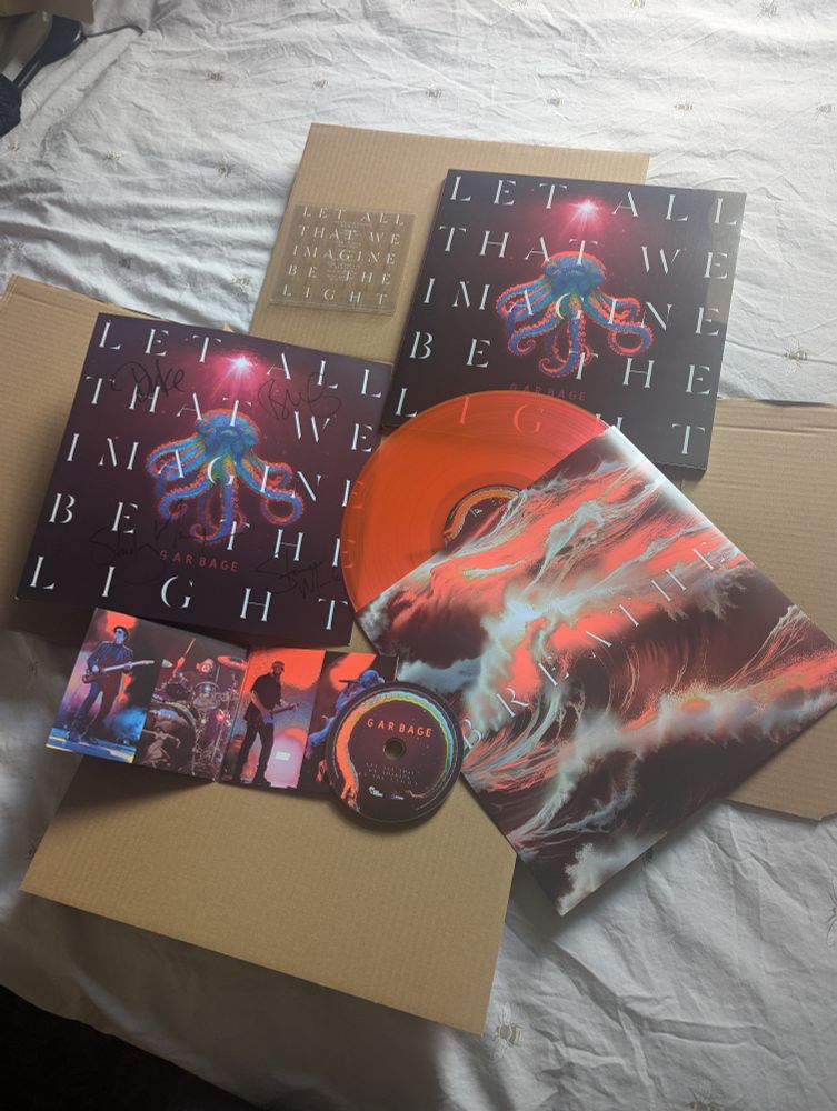 Garbage album, Let All That We Imagine Be The Light, neon orange LP, CD and signed print of the album cover (dark red with a blue tinged octopus 