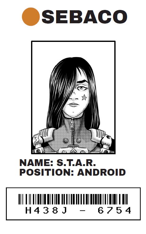 Close up picture of STAR android employee badge. Barcode with the full employee number H438J-6754. She has long black hair, a tired expression, and a star tattoo on her cheek.