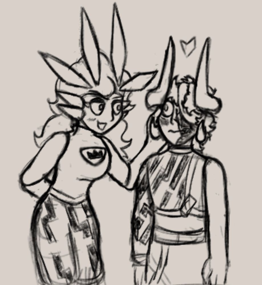 My oc, Fowl, leaning towards Subspace with a hand on his cheek. Subspace is shocked at her affection and looks as uncomfortable as he is flustered. This is because he's actually secretly scared shitless of her and rightfully so. I hc him as a rat, and Fowl being a predatory bird, he feels as though death could be imminent. This is really tmi and i know im not using the alt text thing properly at this point. Thank you for reading this if you did LMFAO you get a gold star