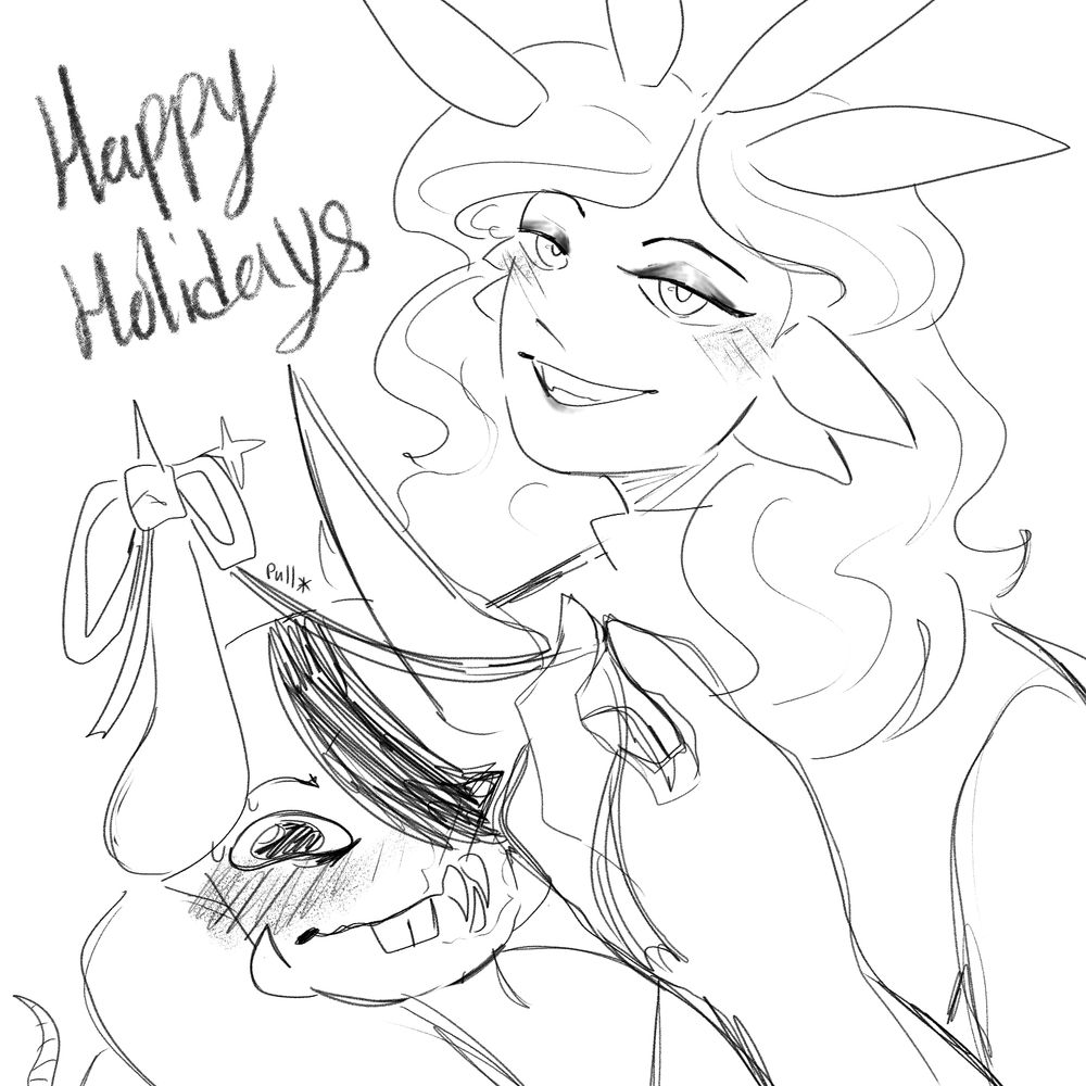Art gifted to me by Jakeifer. It is my oc, Foul Poison Fowl, with an arm around a really stupid looking, blushing, happy, buck-toothed, and ratty, Subspace Tripmine. She is tying a bow on one of his horns, smugly smiling in her beautiful diva fashion. Written above them is "Happy Holidays" 