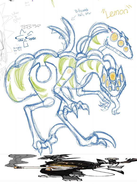 Whiteboard sketch of Lemon, a two headed Sentinel (my Murder Drones OC). One of the raptor's heads is facing front with a forked tongue lolling happily out from between sharp teeth while the other stares forward in a rather silly manner. This Sentinel is also painted with green tiger stripes, has a bifurcated tail (ignore my misspelling on the board) and has yellow eyes/lighting rather than blue. There is a wide stretched image of Alice Murder Drones smoking a fat blunt directly below Lemon.  and someone writing about an off-screen character's tits in the top left of the screenshot - Ignore that please im not editing it out lmfao