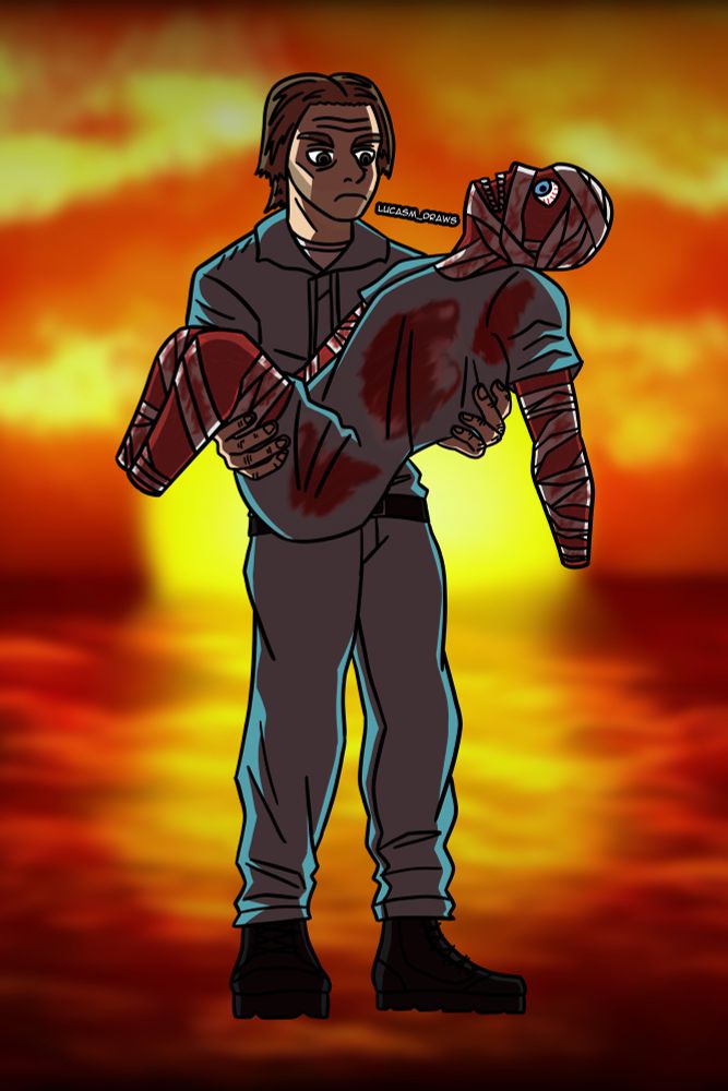 Fanart of the video game Mouthwashing, featuring the character Jimmy carrying the character Curly