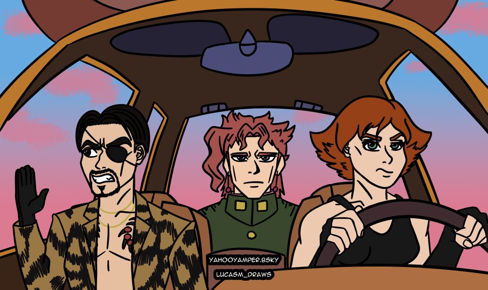 Goro Majima, Noriaki Kakyoin, and Meryl Silverburgh riding together in a car