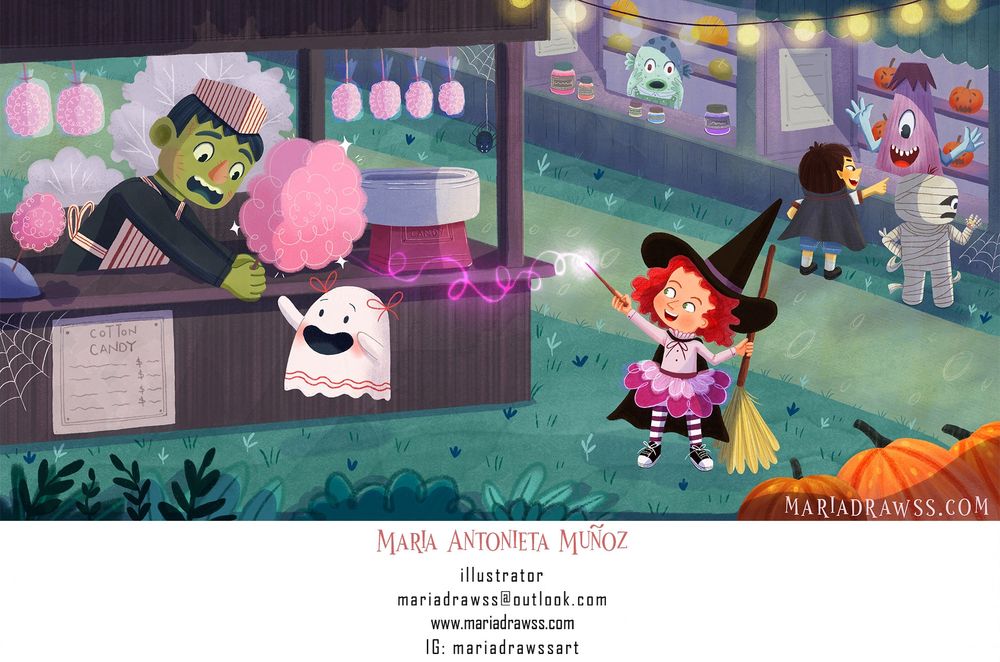 A colorful illustration of Estela, a young witch, secretly casting a spell. Emilia, a cheerful ghost, watches excitedly as her cotton candy magically grows bigger. Meanwhile, Henry, a Frankenstein-like cotton candy vendor, stares in shock at the enormous cotton candy, completely unaware that Estela is behind the magic.