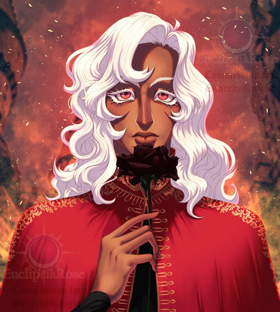 A portrait of a white haired young man, his skin is tanned and his eyes an unsettling red. He holds a dark rose up to his nose, staring into the camera with a vacant expression. He wears a red cloak with golden filigree and accents. The background is in flames, sparks flying in the air. The characters name is Roseo and belongs to the user, @scaredyknight. This was a commission done in early 2024.