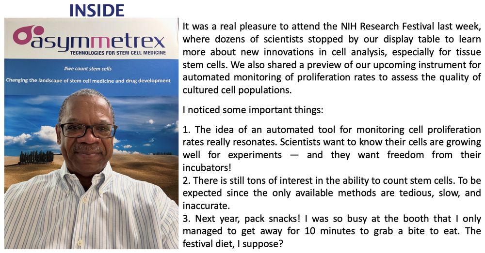 A photo of Asymmetrex® CEO James Sherley in front of the company logo and tagline, #wecountstemcells.