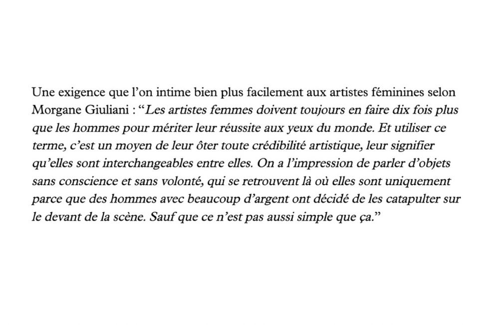 Citation de l’autrice Morgane Giuliani sur les doubles standards entre artistes féminines et artistes masculins
