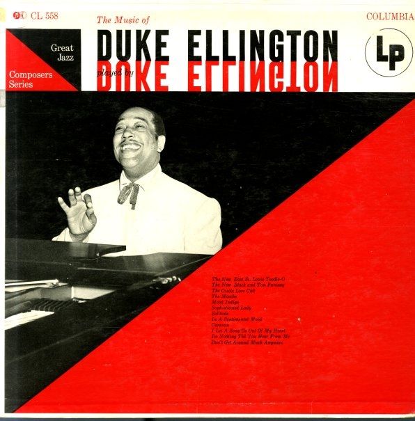 The album cover for The Music of Duke Ellington from Columbia's Great Jazz Composer Series. The artwork itself resembles an anarcho-communist flag