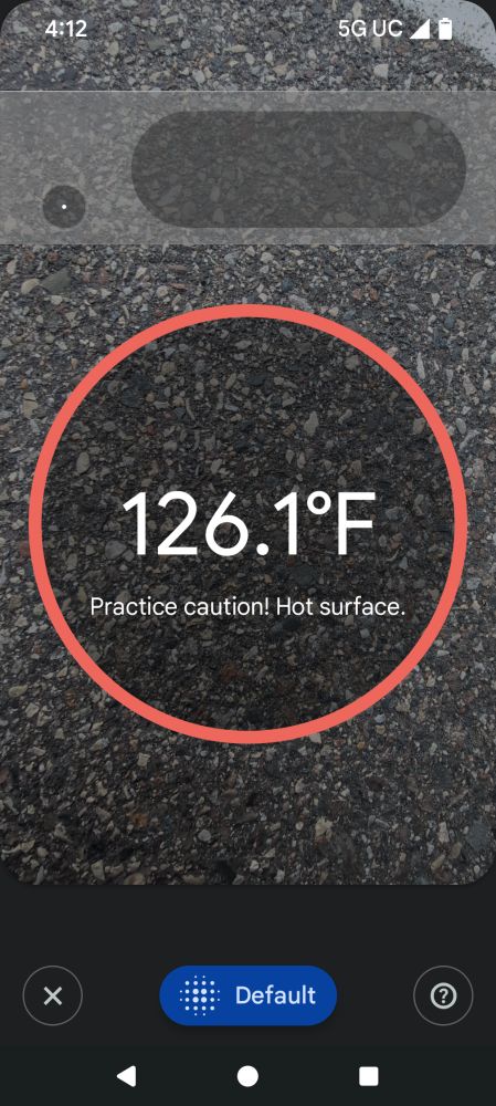screenshot from Google pixel showing surface temperature of asphalt at 126.1 Fahrenheit