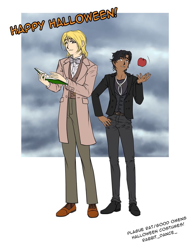 DJ and Cal from Plague Rat dressed up as Aziraphael and Crowley, respectively, from Good Omens. Orange text up top says, "Happy Halloween!" Text at the bottom says, "Plague Rat/Good Omens Halloween Costumes! Rabbit_Dance_