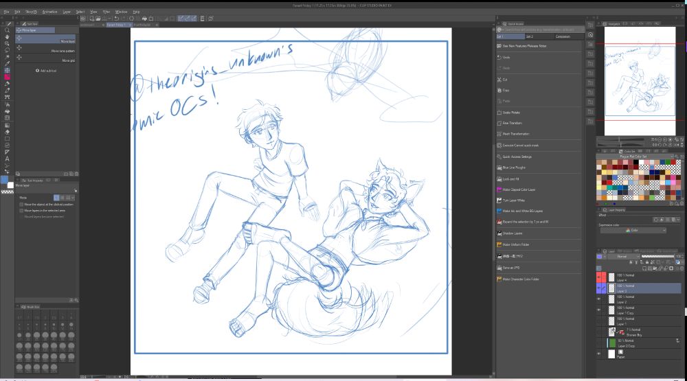 A digital sketch in blue of Robin and Moss, two young teens from the webcomic Sundown Magic. Robin has short, wavy hair and is wearing a t shirt with jeans and sneakers. He's sitting on the ground, leaning back on his hands and looking up towards a bird that's in a tree. Tree branches frame the image; it's as though the viewer is in the tree, looking down on the pair. Moss is laying on his back, with his hands behind his head and his ankle on his knee. Moss is a mostly  human-looking fae, and has fluffy hair with big ears, sharp teeth, and a big, fluffy tail. He's barefoot, and wears shorts tied with a rope, and a short, circular capelet that ties at the neck. The edges are ragged, and there are small mushrooms and patches of moss sprouting from random spots on the cape.