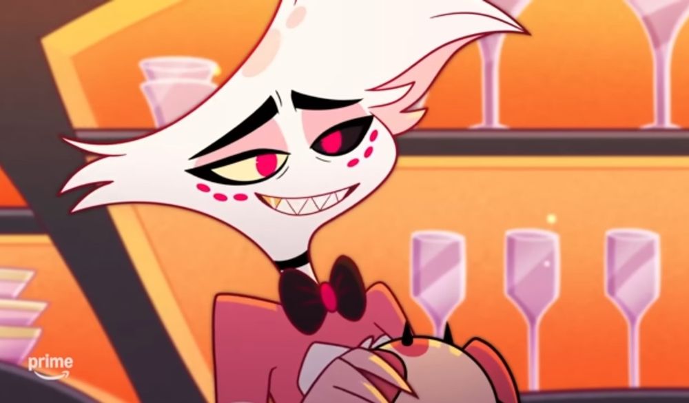 Angel Dust from Hazbin Hotel, petting his pet pig, Fat Nuggets.