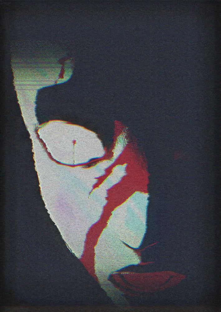 Digital art of a person's head lit only by a sharp blue-and-pink light coming from the viewer's left. Their mouth is pooling blood, and the left side of their face is covered in it as well, though the majority of it is hidden in darkness. The illustration is heavily overlaid with various effects that resemble tones used and glitches produced by aged and/or damaged screens.
