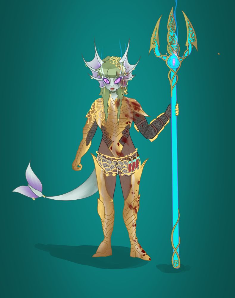 A feminine triton wearing a suit of golden armor. She is holding a glass trident with gilded tips. Her armor is stained with blood and dirt, and her eyes glow with purple magic