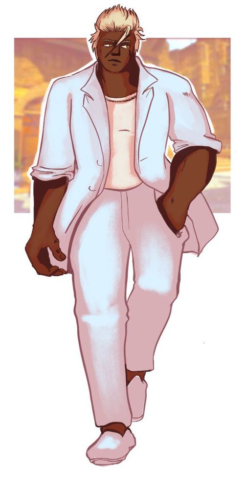 Roegadyn Hellsguard dressed up in an outfit similar to Crockett from Miami Vice