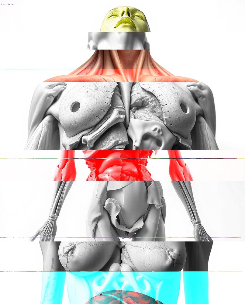 A digital glitch artwork depicting a distorted human body. The skin appears scarred, sick, and fractured, with deformed anatomy and broken facial features. The image resists ideals of synthetic perfection, highlighting imperfection, fragility, and the violence of beauty standards. Themes of plastic surgery, scars, and radical visibility of the body are evoked.