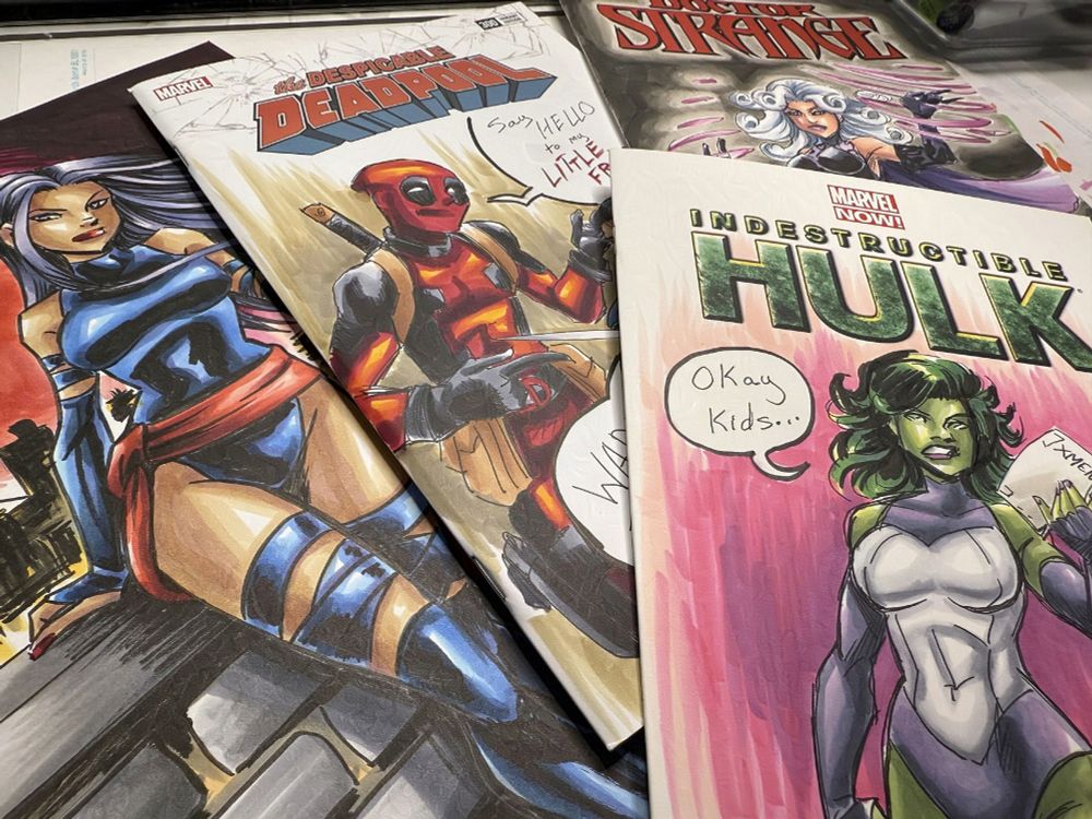 Several comic book pinup illustrations, featuring Psylocke, Clea, She-Hulk and Deadpool harrassing Wolverine. 