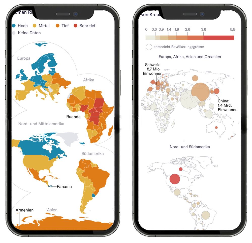 Two smartphones displaying alternative thematic world maps.
The left screen shows a split-continent map with countries grouped and resized by region (e.g., Europe, Africa, Asia) using color to indicate data levels (legend: Hoch, Mittel, Tief, Sehr tief). Smaller countries like Rwanda and Panama are clearly labeled and more visible due to the rearranged layout.
The right screen displays a bubble map, where countries are represented by circles scaled to population size and shaded by data intensity. Larger countries like China and the U.S. have prominent bubbles, while smaller countries remain visible. Labels indicate population figures for Switzerland and China.