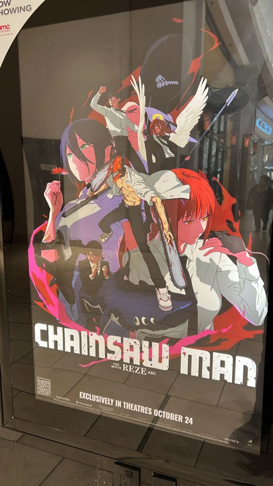 Movie poster for the Chainsaw Man movie in a mall
