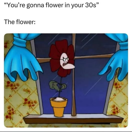 Meme image format

"You're gonna flower in your 30s"

The Flower:

Eustace from Courage the Cowardly Dog as a flower with his leaf hands on his sides, sitting on a window sill