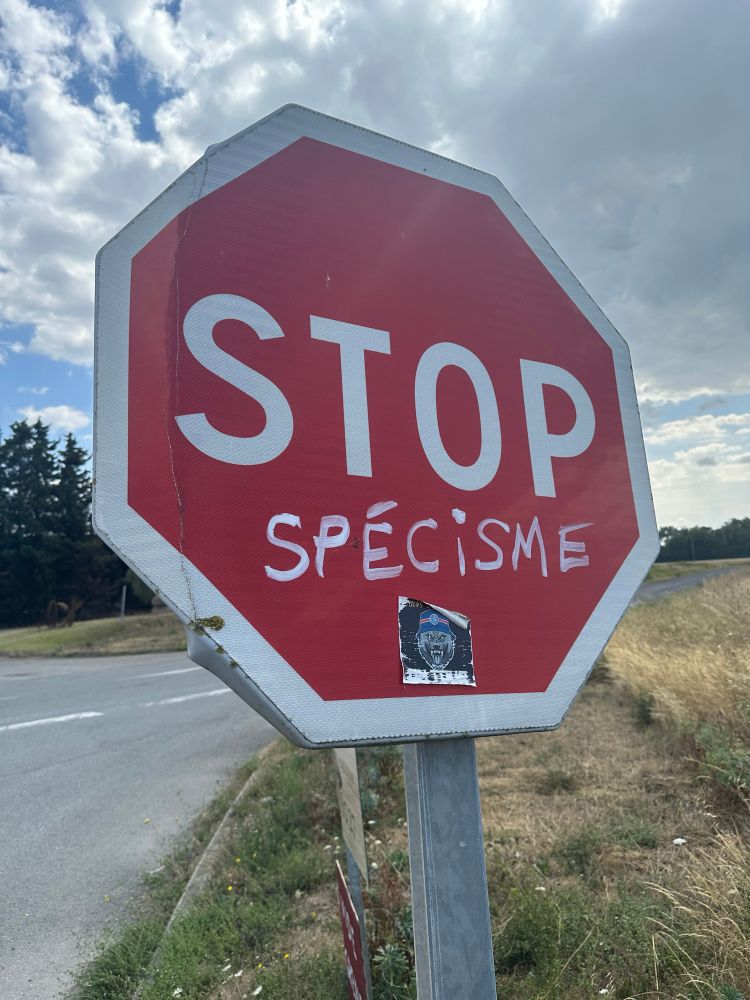Stopbord met onder het woord ‘stop’ geschreven ‘spécisme’.
