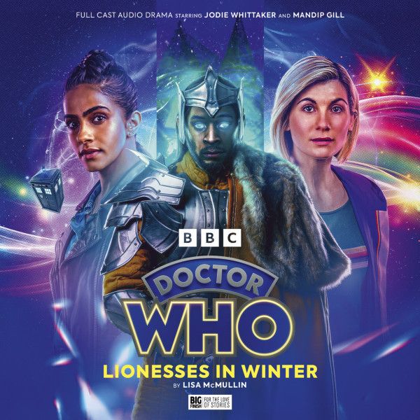 Mandip Gill, Ammar Duffus and Jodie Whittaker as Yaz, Prince Phillip/John and the Thirteenth Doctor on the cover of the Big Finish production, "Lionesses in Winter".