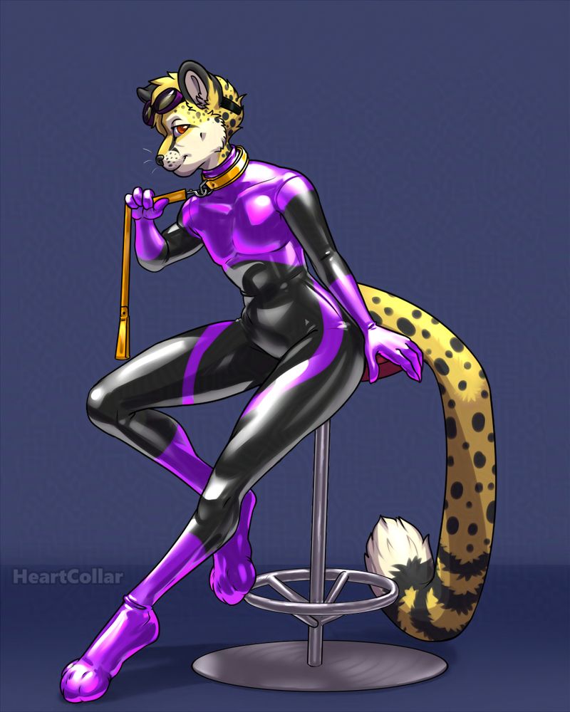 anthro non-binary cheetah in purple and black latex outfit, orange collar with a leash and goggles