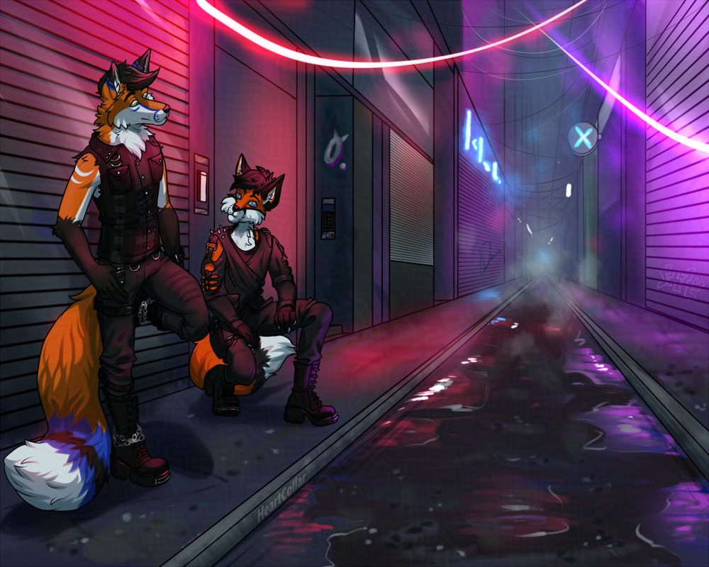 two male anthro foxes in dark metal outfits standing in a street in neon lights at night