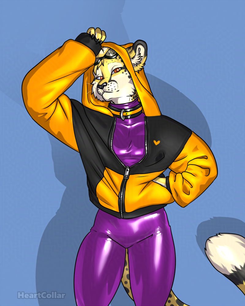 anthro non binary cheetah in purple latex and orange and black hoodie