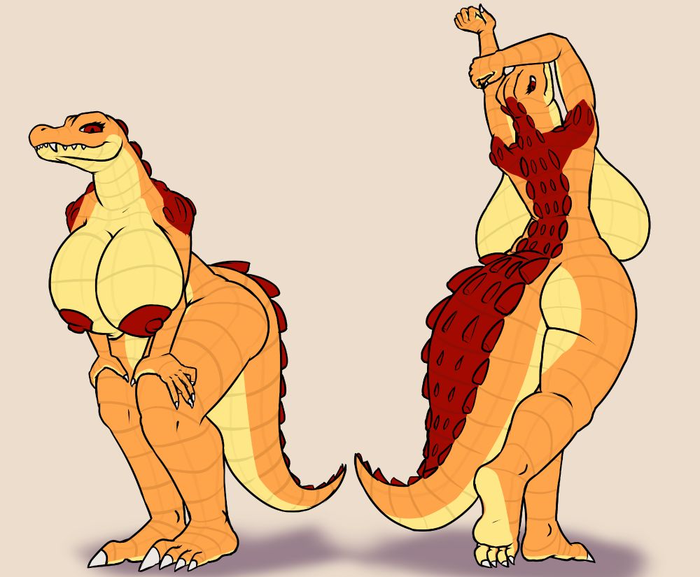 Thani, as an curvy Alligator with orange, cream, and maroon coloration, seen in two poses, one from the front in a partial squat leaning forward with her hands on her knees, her large breasts squished between her arms. The other pose, from behind, her arms raised above her, and considerably thick tail.