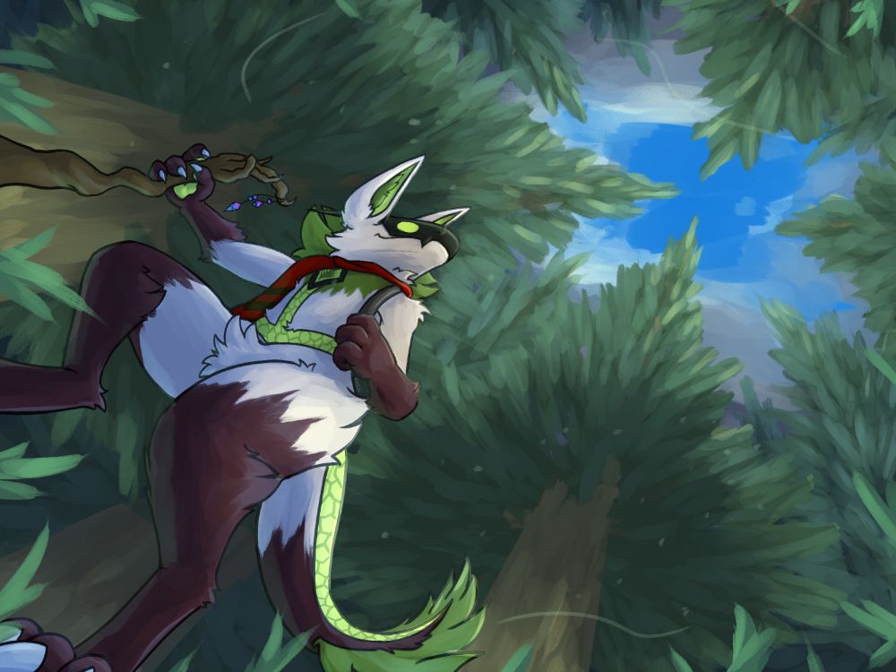 Ferntail, a mantled-beast with brown and green coloration, and a walking stick with blue/pink gems/beads, is seen through a grounds-eye view, walking through the forest where there is a clearing in the clouds above them.