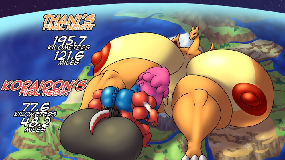 Thani, an utterly gargantuan and hyper curvy humanoid Charizard, seen splayed out on her back, her size and hyper proportions covering almost the entirety of Paldea, while the macro hyper muscular and hyper endowed Koraidon, roughly over a third of Thani's size, standing between her open legs.

Sizes listed: 
Thani's final size: 195.7km (121.6 mi)
Koraidon's final size: 77.6km (48.2mi)