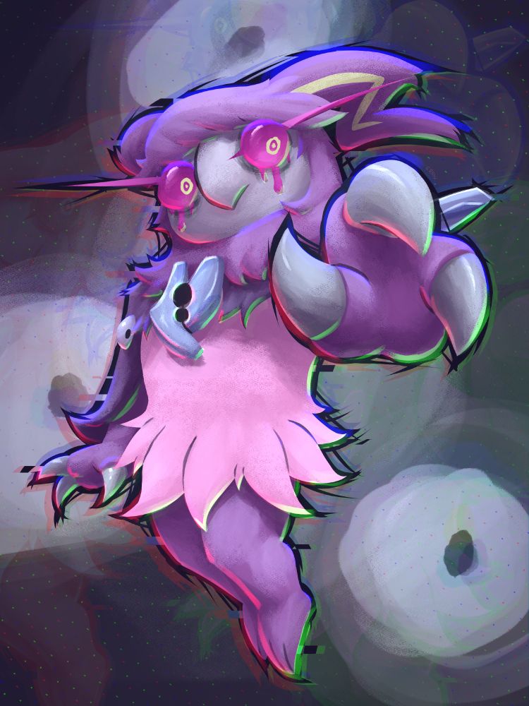 Echo (Srarlight), an Aromatisse with a glitchy horror aesthetic, featuring strange stones/crystals on her chest and back, as well as an eye on the fur/feather cloak sleeves, and varying degrees of chromatic aberration.