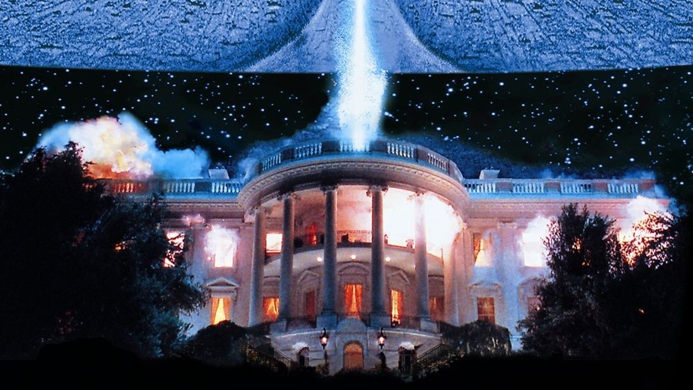 A screenshot of the movie "Independence Day"; specifically of where the White House is getting blown up by the alien mothership.