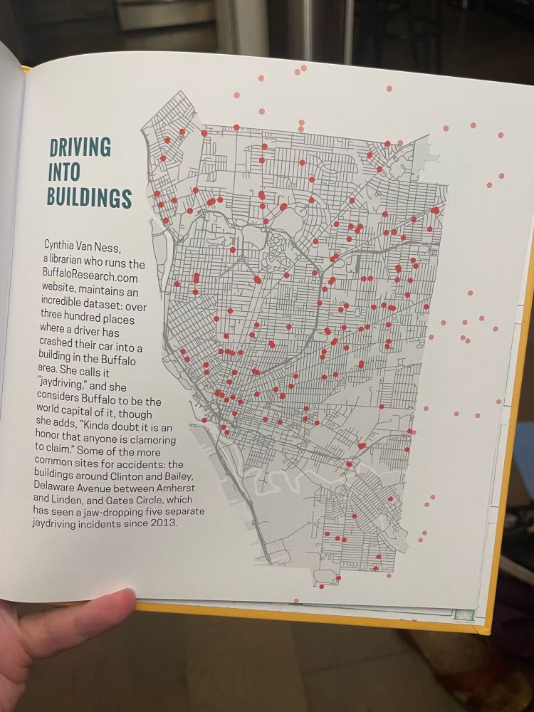 a page from Buffalo in 50 Maps showing where drivers drove into buildings in and around the city of Buffalo. Go Bills.