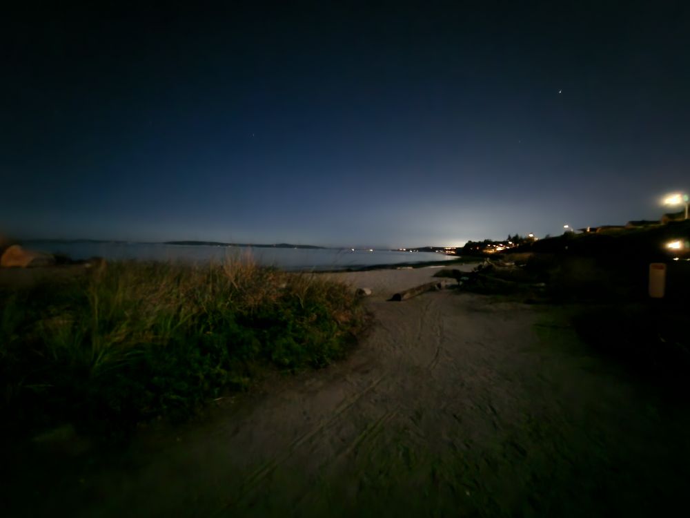 A path heading to the beach at night, with city lights in the distance 