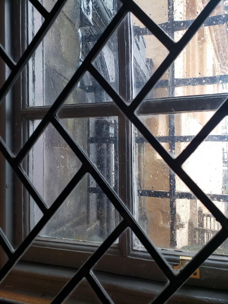 Diagonal iron bars in squares and rectangles, reminiscent of a Mondrian painting, over a window with an additional iron grid in the standard horizontal/vertical origin on the other side of the window. In the lower right an iron fence can just be seen.