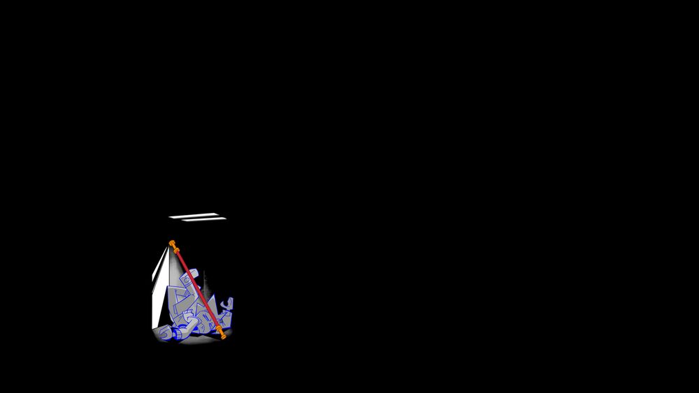 A large black screen with a tiny MK slightly lit by the barest light. The light reveals MK and the surrounding surfaces, but the shadows stretch out beyond the container to engulf the entire screen