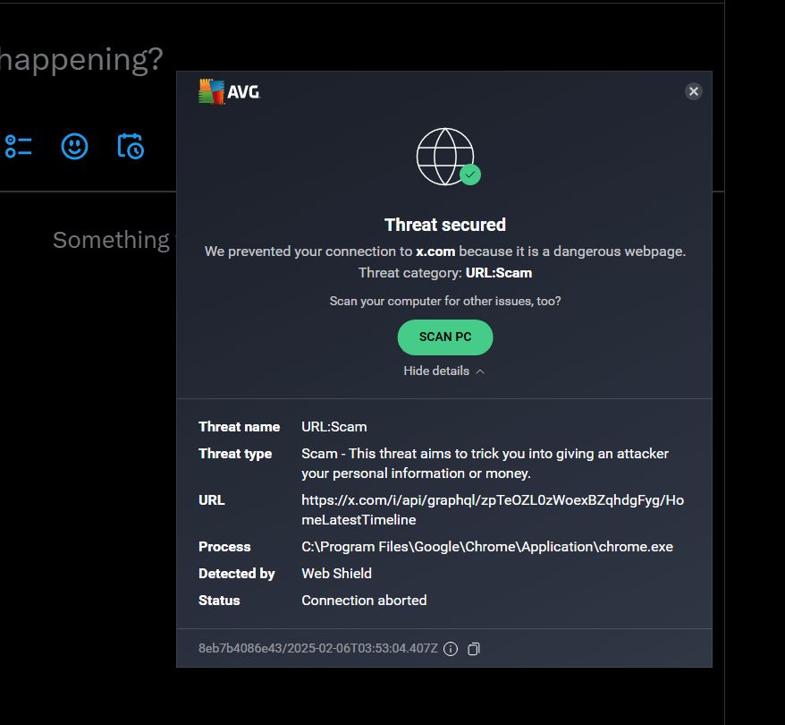 Screenshot of alert from AVG Web Shield about x.com/home. The pop-up warns that this is a threat of the type "Scam: This threat aims to trick you into giving an attacker your personal information or money." 