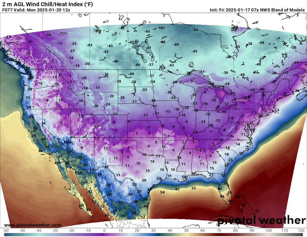 Map showing wind chill index for the Lower 48 states and southern Canada on Monday, Jan. 20 2025. 