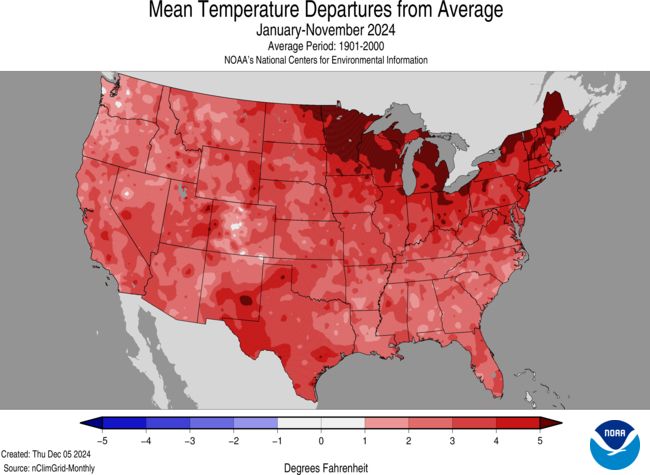 Map showing the nationwide unusual warmth across the U.S. so far in 2024, from January through November.