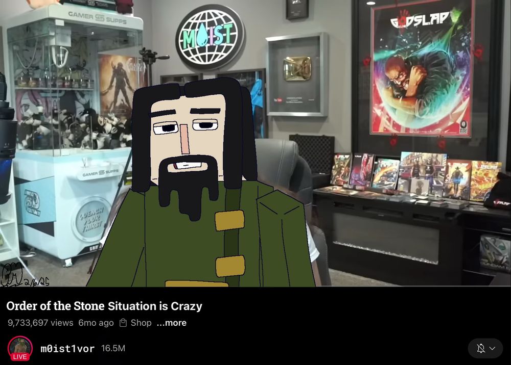 A drawing of Ivor from Minecraft: Story Mode, drawn over a youtube screenshot of Moistcritical, aka penguinz0. The caption reads "order of the stone situation is crazy".