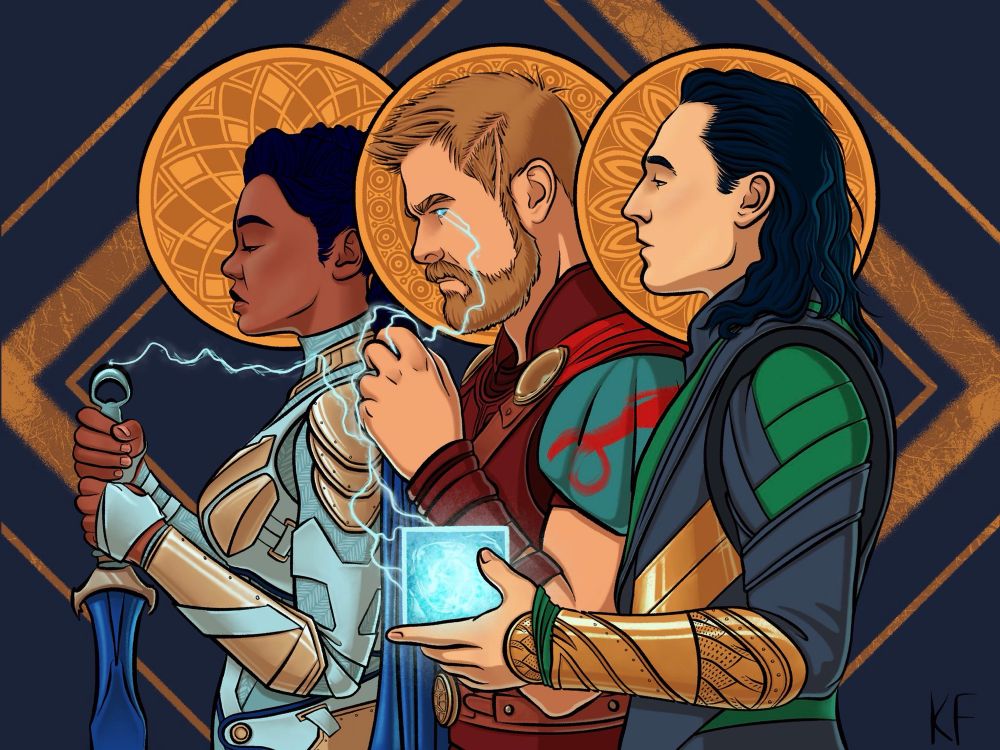 A digital drawing of the Three Kings of Asgard, Thor, Loki and Valkyrie from the movie Thor Ragnarok, drawn as an homage to the illustration ‘Three Magi’ by JC Leyendecker.