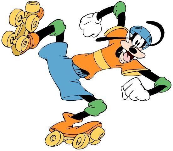 uma foto do pateta de blusa laranja e short azul andando de patins
