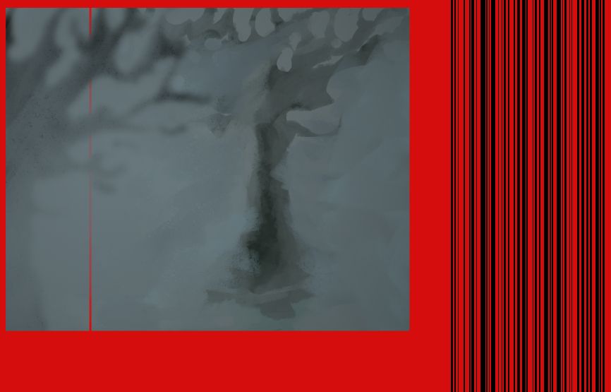 2 trees surrounded by fog, this image is then contained at the top left of a completely bright red background, at the very right there is a stretched out barcode